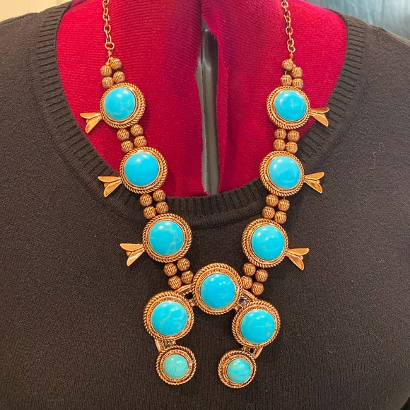 NWT Vintage Inspired Marble Round Turquoise Copper Statement Necklace - Picture 5 of 6